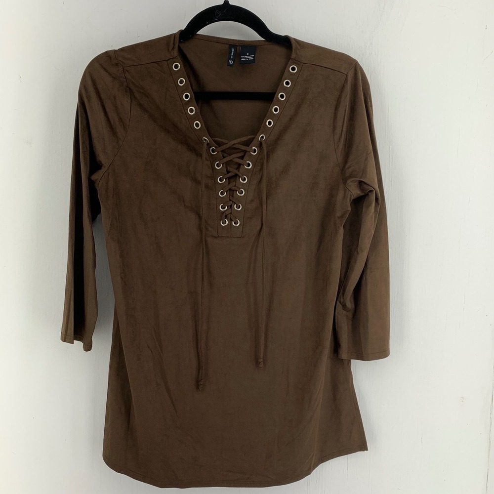 Western Cowgirl Boho Faux Suede Lace Up V-Neck Tunic Top Womens Small 3/4 Sleeve
